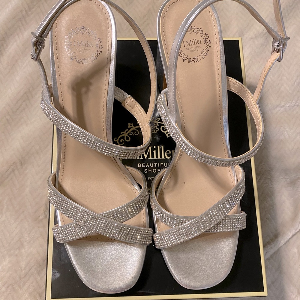 Silver heels with rhinestones and small chunky heel